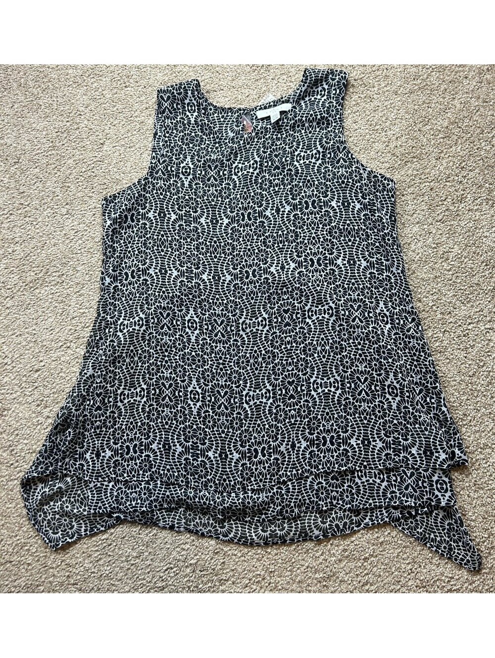 Women's Black White  Print Sleeveless Blouse Lightweight Ruffle Hem Top